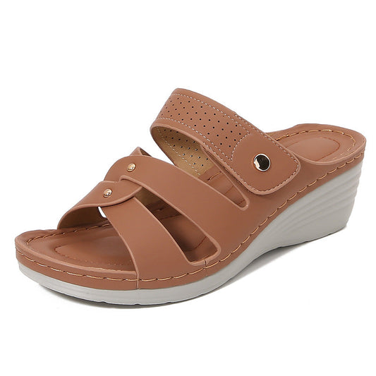 Women’s Wedge Sandals – Slip-On Design – Open Toe – Rivet Straps – Cushioned Footbed