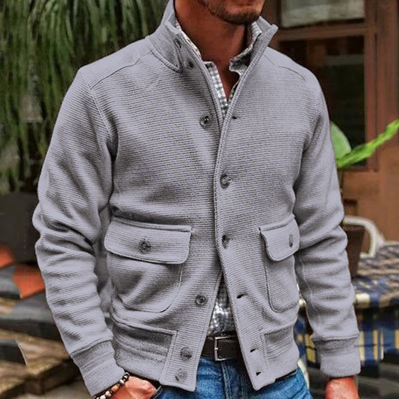 Men’s Jacket – Slim Fit – High Collar – Soft Textured Fabric – Button Front – Flap Pockets