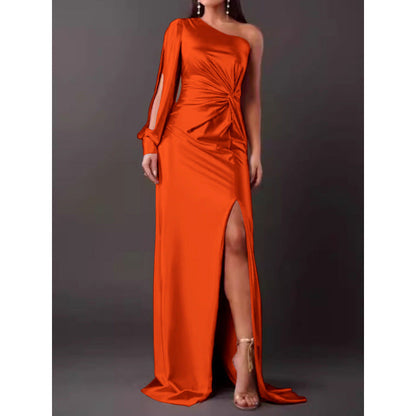 Women’s Maxi Dress – Satin – One Shoulder – Slim Fit – Ruched Waist – High Slit – Long Sleeve