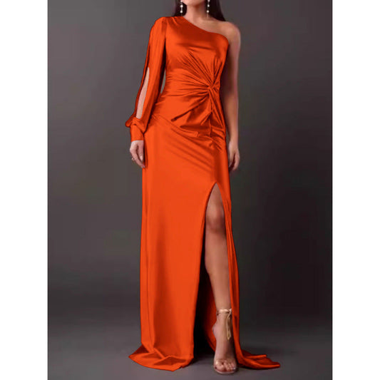Women’s Maxi Dress – Satin – One Shoulder – Slim Fit – Ruched Waist – High Slit – Long Sleeve