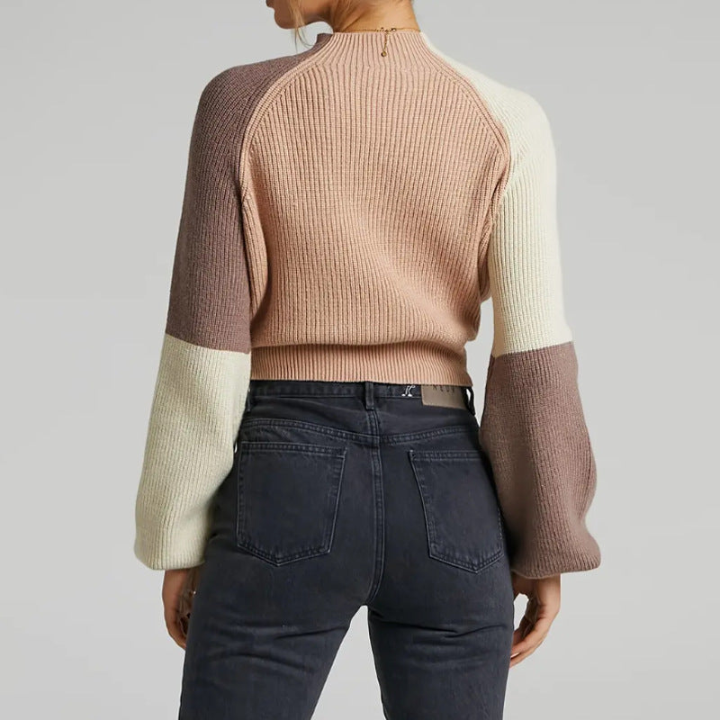 Women’s Pullover Sweater – Oversized Fit – Soft Knit Ribbed – Mock Neck – Cropped Length
