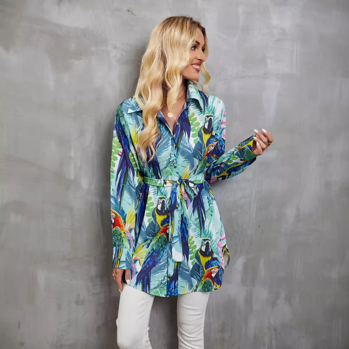 Women’s Long Sleeve Shirt – Tropical Print – Waist Tie – Button Down – Relaxed Fit