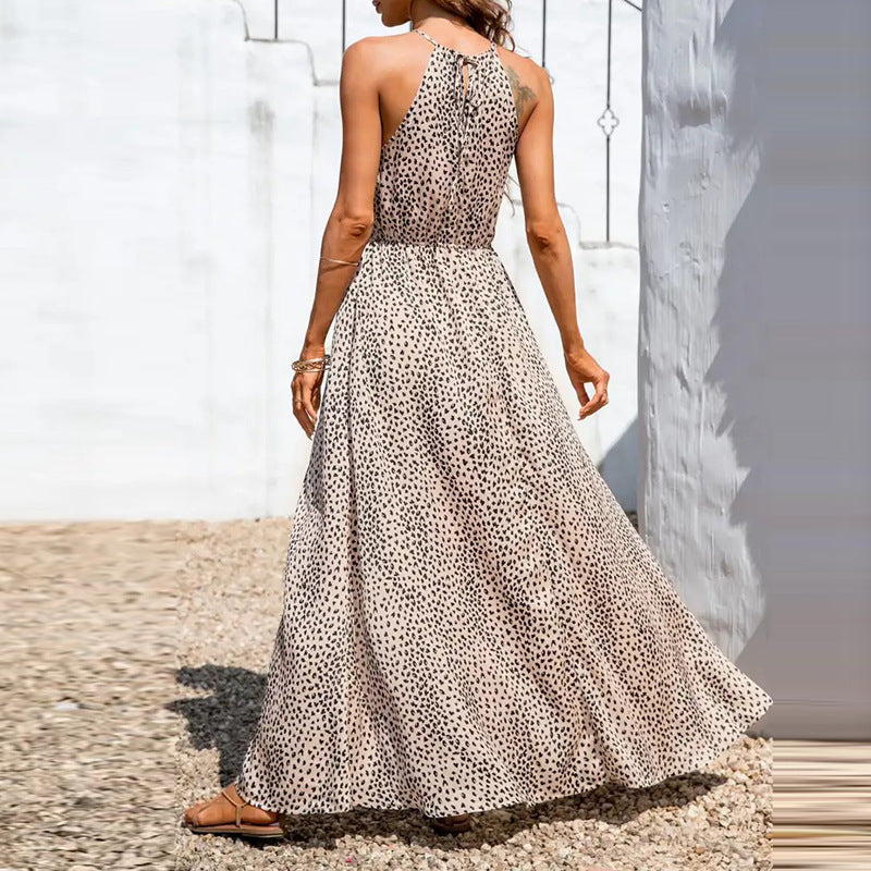 Women’s Halter Neck Maxi Dress – A-Line Fit – Sleeveless – Polka Dot – High Slit