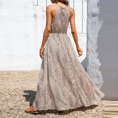 Women’s Halter Neck Maxi Dress – A-Line Fit – Sleeveless – Polka Dot – High Slit