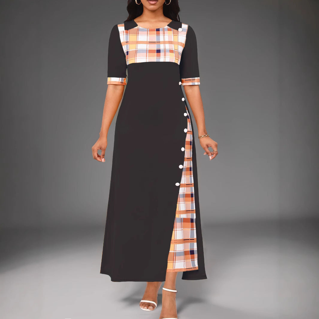 Women’s Maxi Dress – Tailored Fit – Mid Sleeve – Plaid Accent – Round Neck – Button Detail