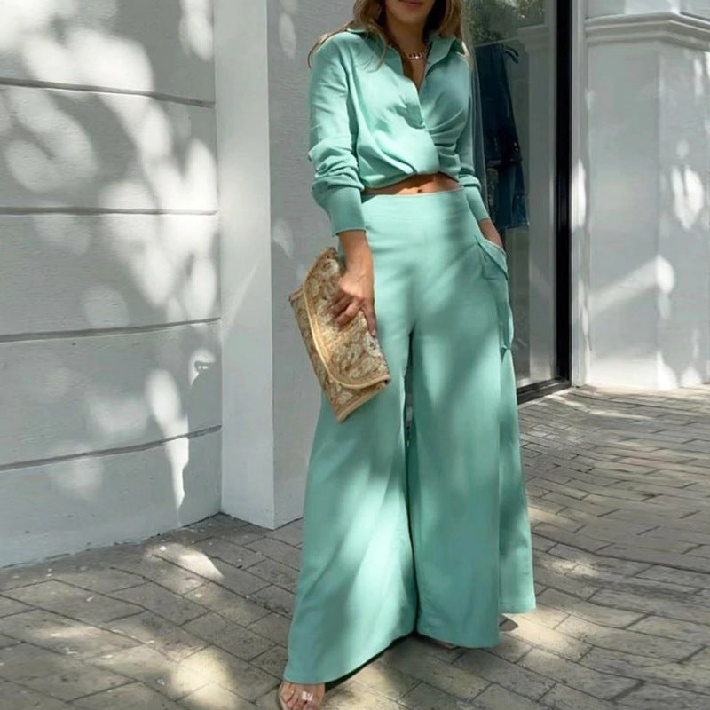 Women’s Two-Piece Set – Tailored Blouse – High-Waisted Wide-Leg Pants – Cotton Blend