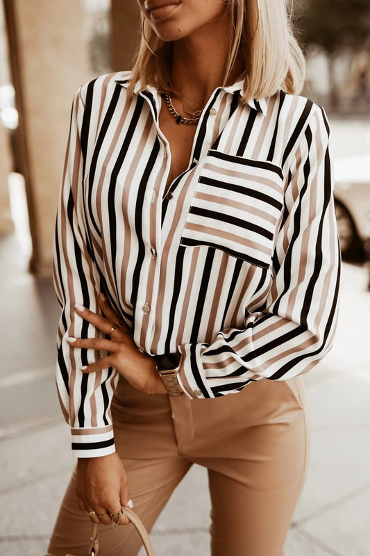Women’s V-Neck Blouse – Relaxed Fit – Striped Print – Cotton