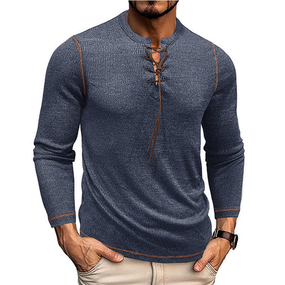 Men’s Long Sleeve Shirt – Slim Fit – Knit Texture – Lace-Up Neckline – Casual Style