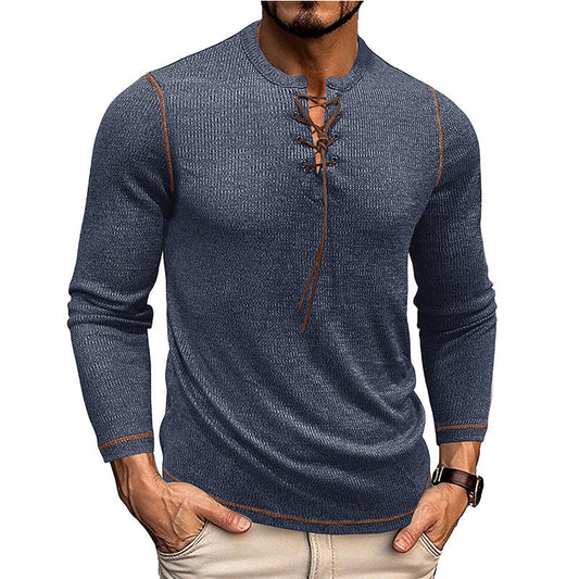 Men’s Long Sleeve Shirt – Slim Fit – Knit Texture – Lace-Up Neckline – Casual Style