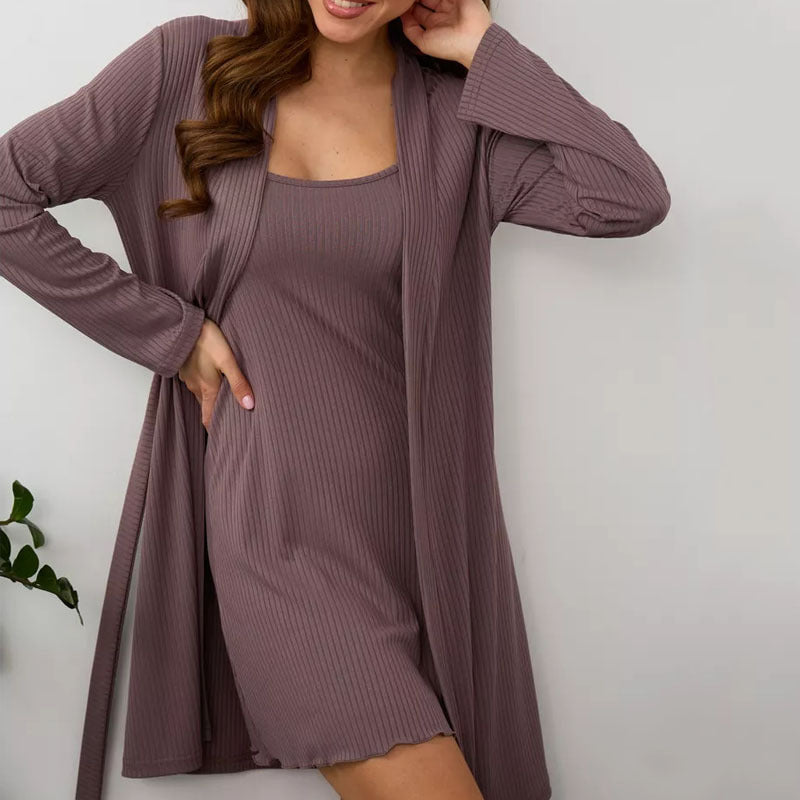 Women’s Loungewear Set – Ribbed Knit – Slim Fit Sleep Dress & Relaxed Open Robe