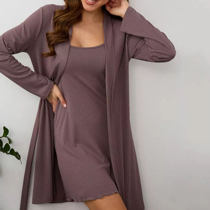 Women’s Loungewear Set – Ribbed Knit – Slim Fit Sleep Dress & Relaxed Open Robe