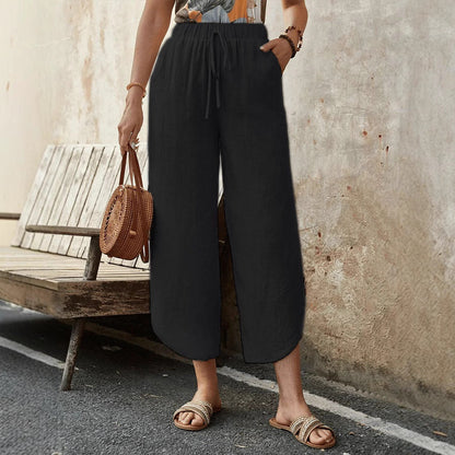 Women’s Cropped Pants – Cotton Linen Blend – High Waist – Wide Leg – Drawstring Waist