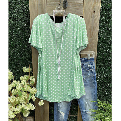 Women’s Tunic Top – Loose Fit – Polka Dot – Short Sleeve – Breathable Blend