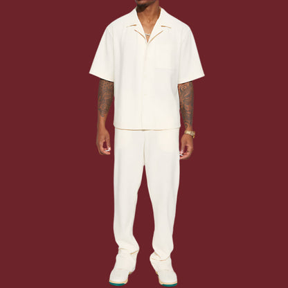 Men’s Casual Set – Relaxed Fit – Short Sleeve Collared Shirt – Full-Length Pants – Breathable Blend