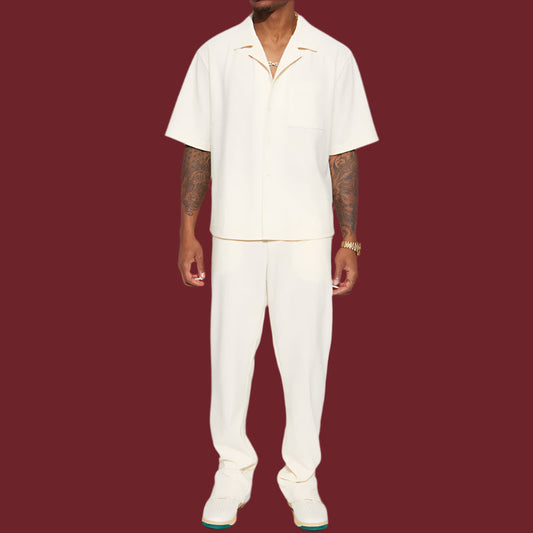 Men’s Casual Set – Relaxed Fit – Short Sleeve Collared Shirt – Full-Length Pants – Breathable Blend