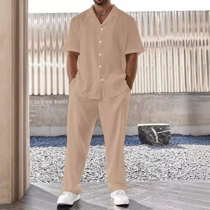 Men’s Casual Suit Set – Cotton Linen Blend – Relaxed Fit – Short Sleeve Shirt & Pants