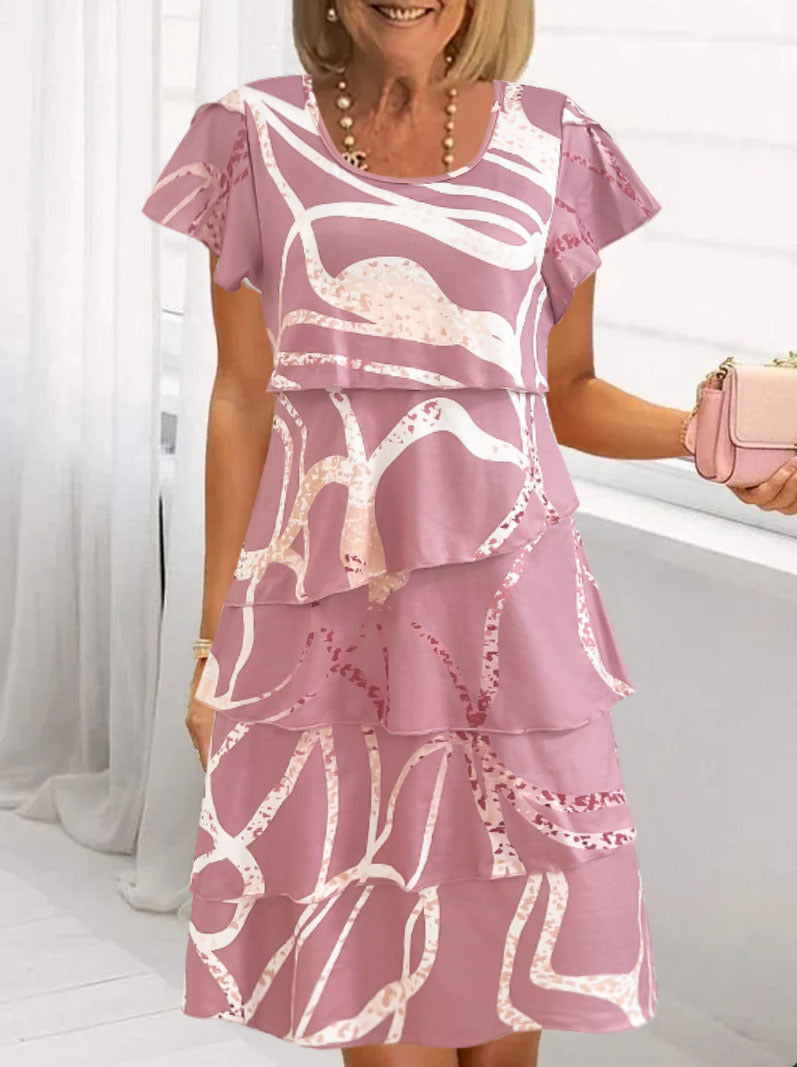 Women’s Midi Dress – Tiered Silhouette – Cotton – Flutter Sleeves – Floral Print