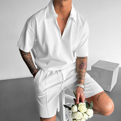 Men’s Polo and Shorts Set – Relaxed Fit – Soft Knit – Zipper Neck – Drawstring Waist