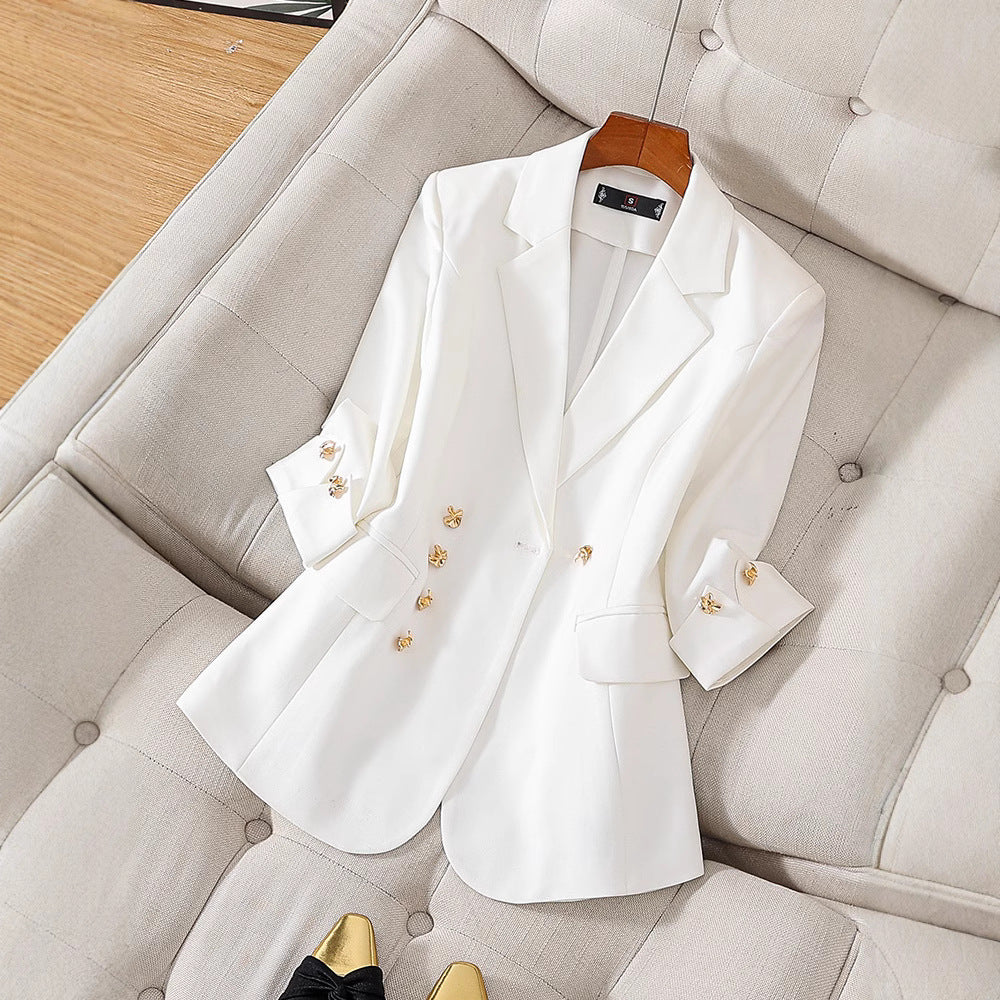 Women’s Blazer – Tailored Fit – Three-Quarter Sleeve – Decorative Buttons – Hip Length