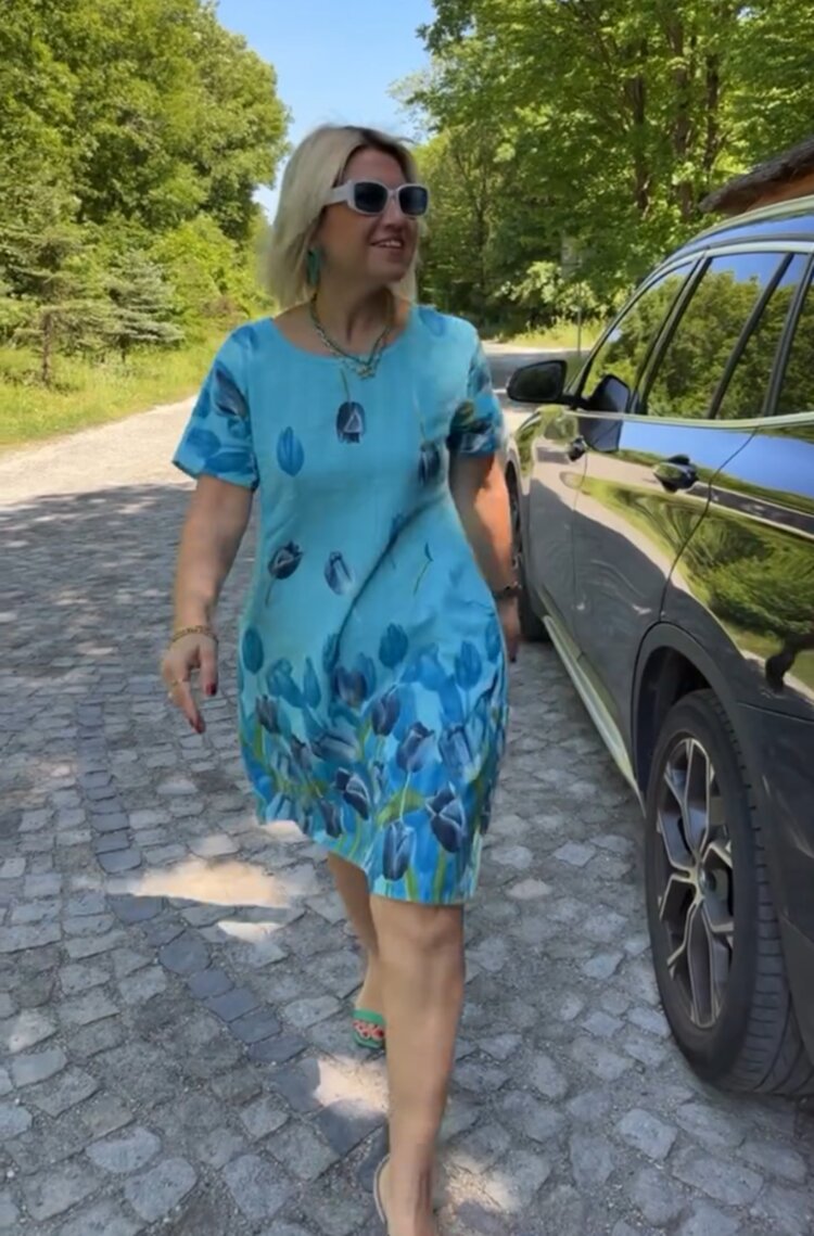 Women’s A-Line Dress – Floral Print – Short Sleeve Cotton – Midi Length – Side Pockets