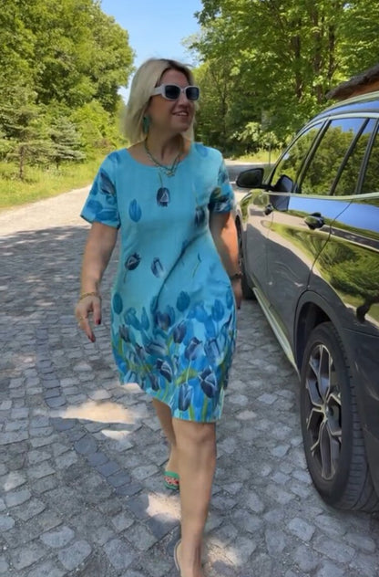 Women’s A-Line Dress – Floral Print – Short Sleeve Cotton – Midi Length – Side Pockets