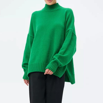 Women’s Pullover Sweater – Soft Ribbed Knit – Oversized Fit – Semi-High Neck – Casual
