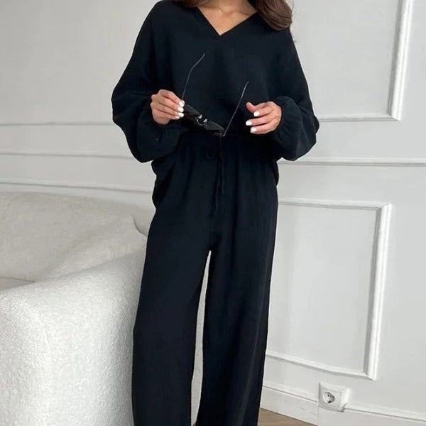 Women’s Lounge Set – Relaxed Fit – Long Sleeve V-Neck Top – Drawstring Pants