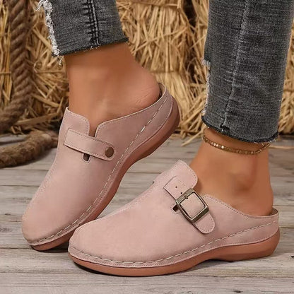 Women’s Wedge Mule Sandals – Closed Toe – Buckle Detail – Cushioned Footbed