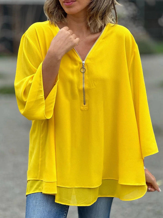 Women’s Blouse – Chiffon V-Neck – Zip Front – Loose Fit – 3/4 Sleeve Layered Hem