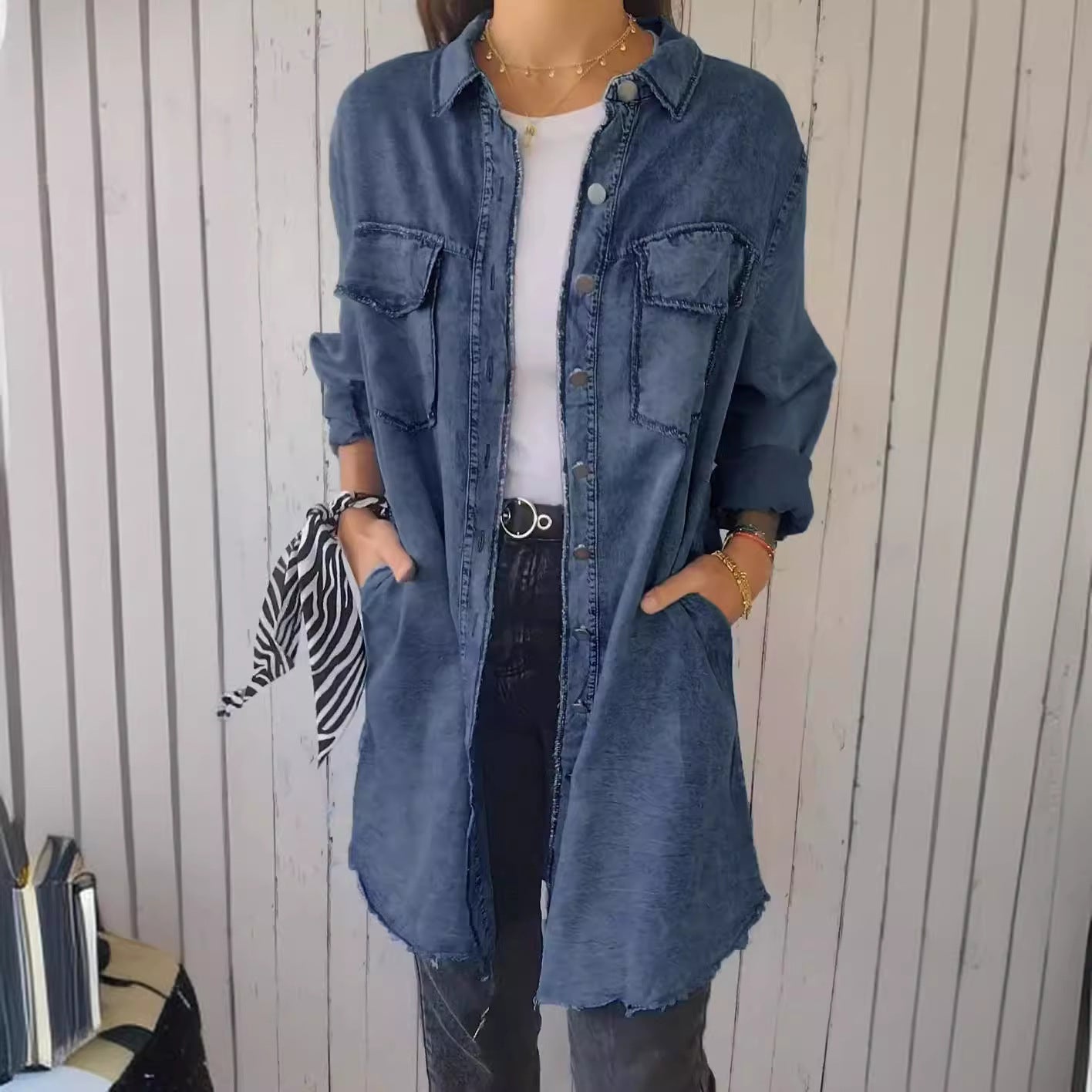 Women’s Denim Jacket – Longline Loose Fit – Distressed – Patch Pockets – Raw Hem