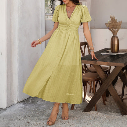 Women’s Maxi Dress – V-Neck – High Waist – Short Sleeve – Button Front – Front Slit