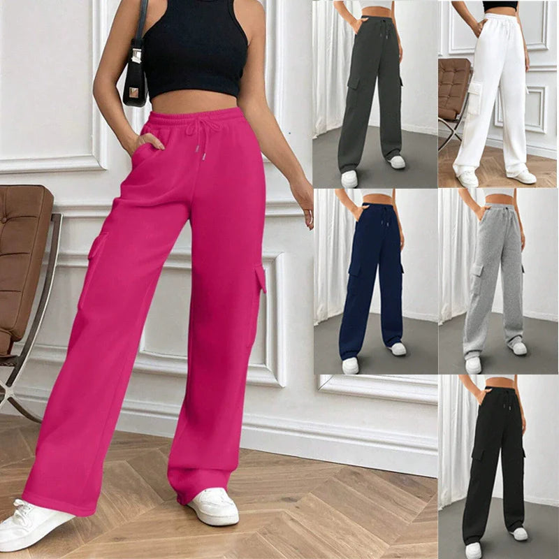 Women’s Cargo Sweatpants – Relaxed Fit – Wide Leg – High Waist – Drawstring