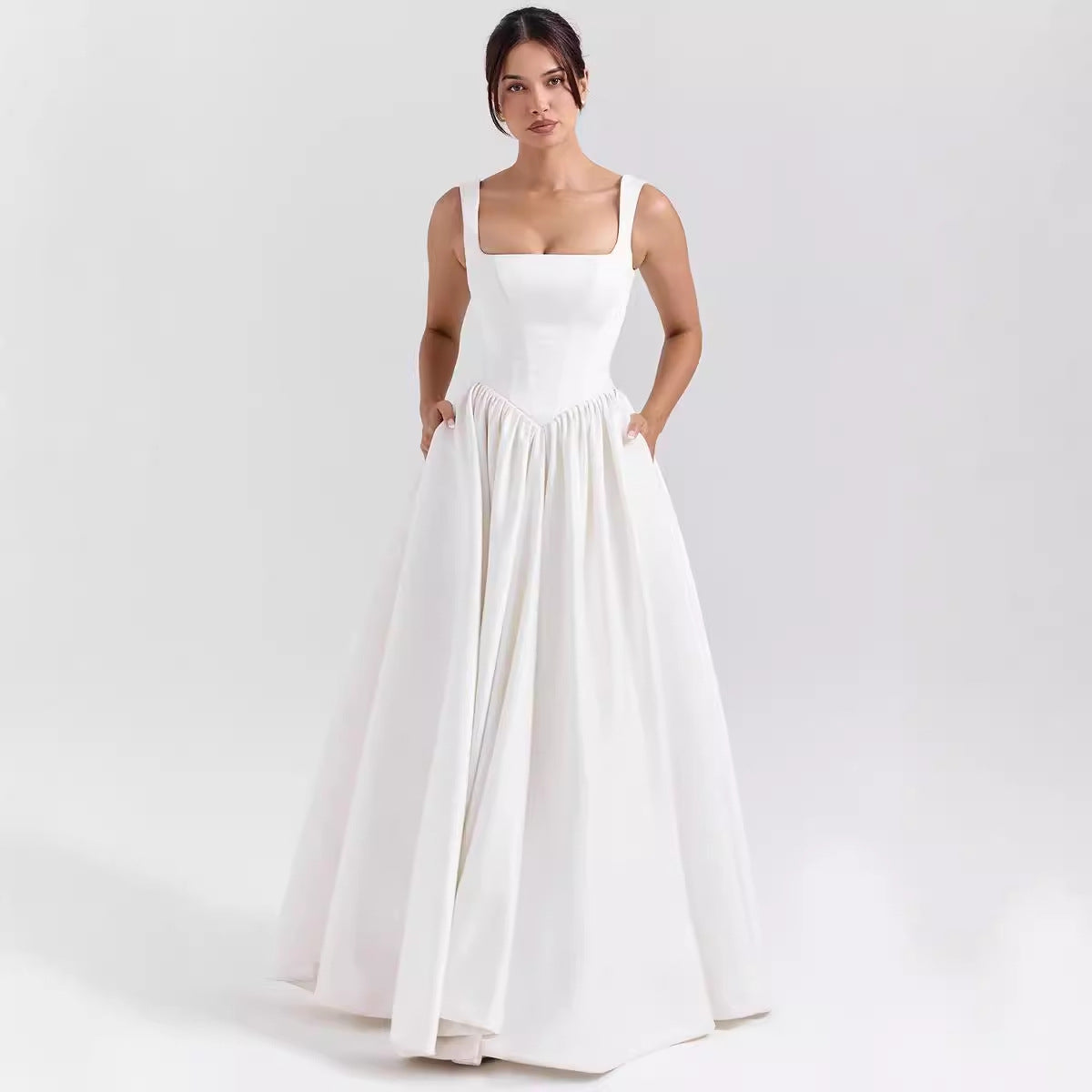 Women’s Maxi Dress – Square Neckline – Fitted Waist – Flared Skirt – Cotton Fabric