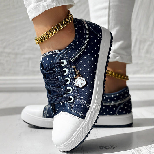 Women’s Canvas Sneakers – Low Top – Lace Up – Polka Dot Print – Rubber Toe Cap