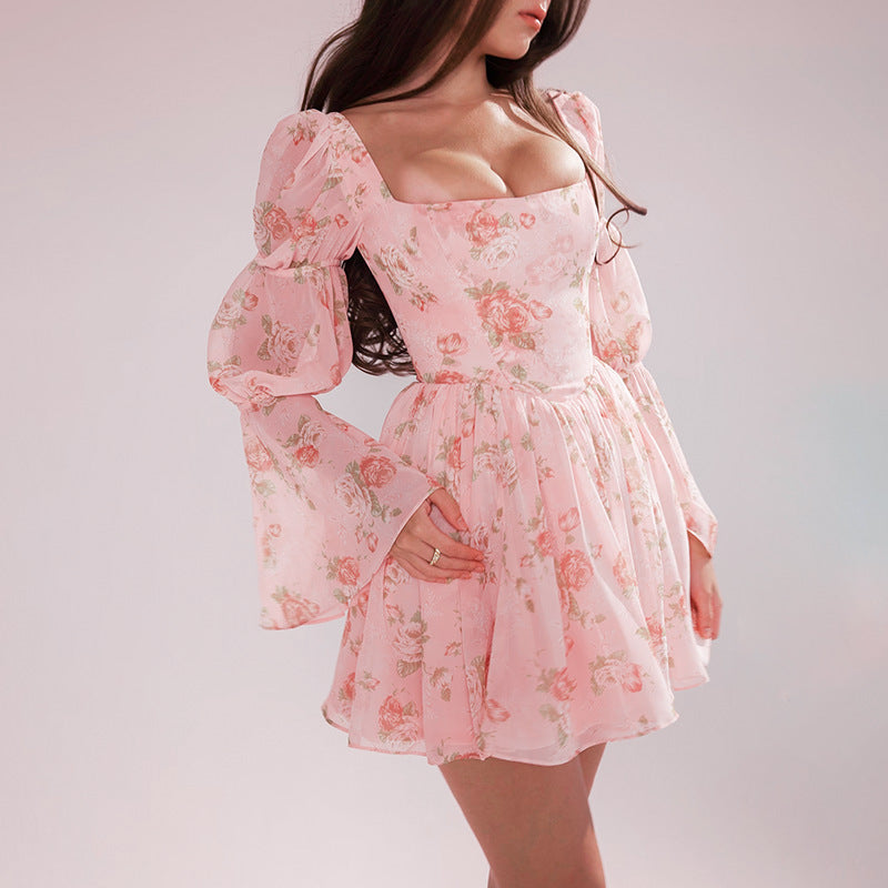 Women’s Mini Dress – Floral Print – A-Line Fit – Puffed Sleeves – Square Neckline