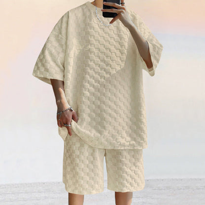Men’s Shirt and Shorts Set – Jacquard Knit – Loose Fit – Check Pattern – Casual Wear