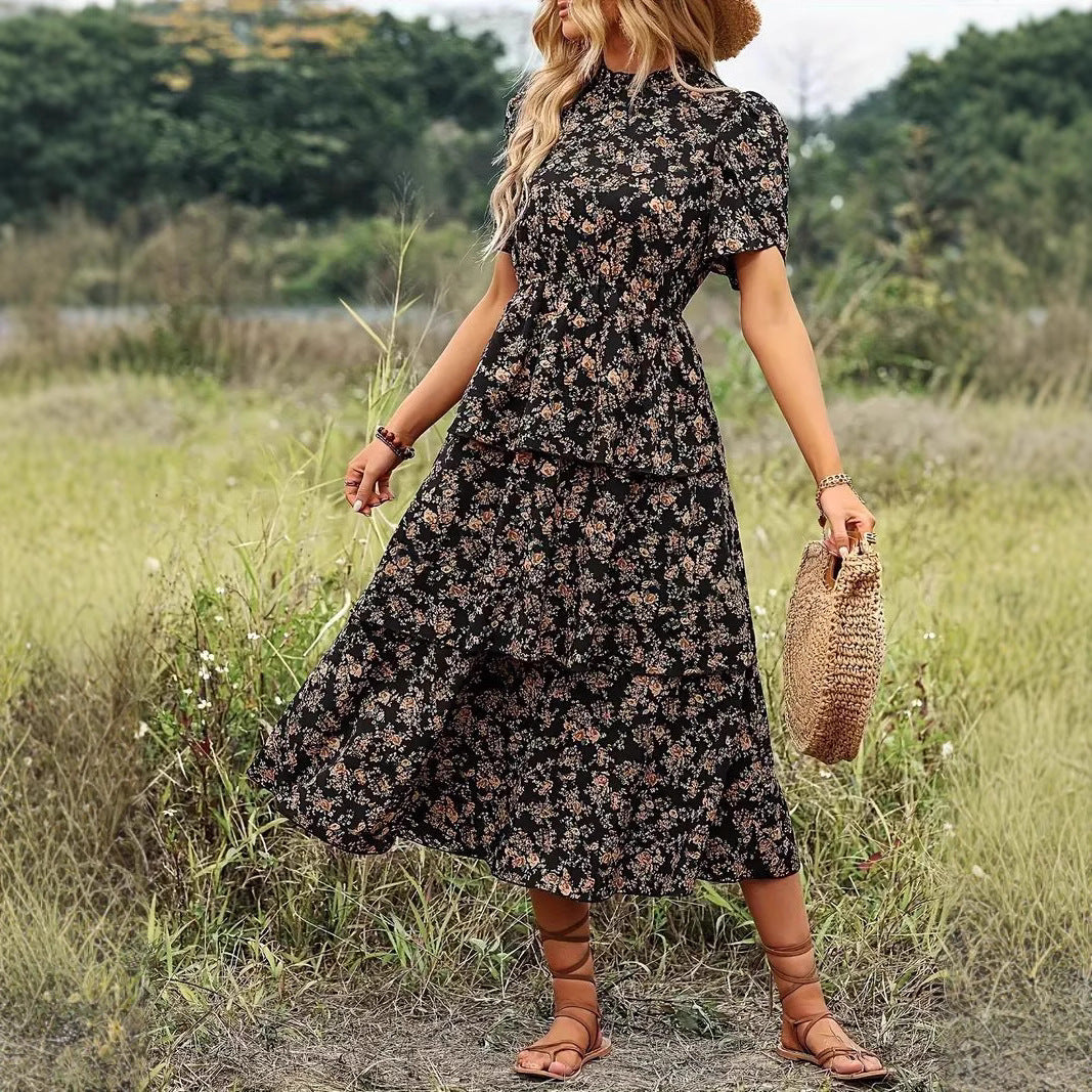 Women’s Midi Dress – Floral Print – Puff Sleeve – Tiered Skirt – Defined Waist