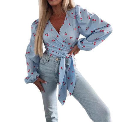 Women’s Wrap Top – Fitted Silhouette – Deep V-Neck – Long Sleeve – Tie Waist – Printed