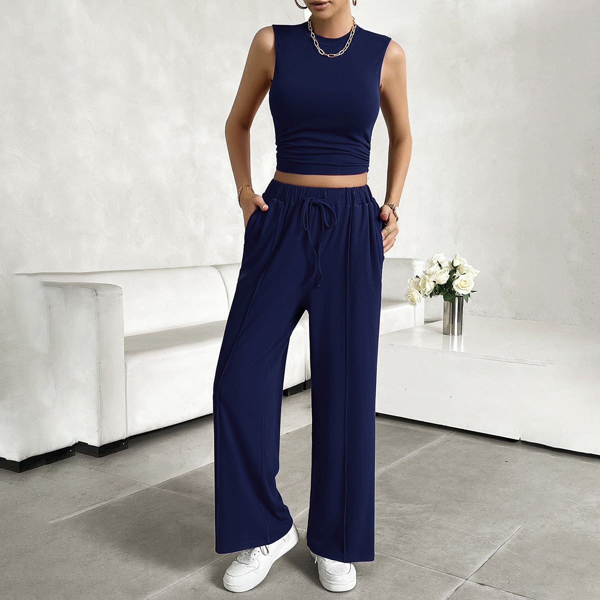 Women’s 2-Piece Set – Sleeveless Crop Top – Wide-Leg Pants – Lightweight Cotton Blend