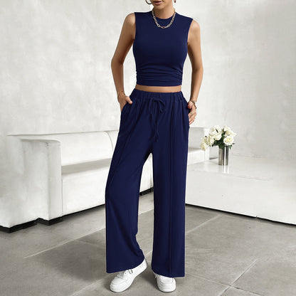 Women’s 2-Piece Set – Sleeveless Crop Top – Wide-Leg Pants – Lightweight Cotton Blend