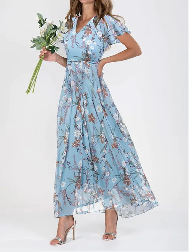 Women's Maxi Dress - Floral Print - Short Flutter Sleeve - V-Neck Flowy Elegant Fit