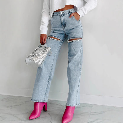 Women’s Straight-Leg Jeans – High Waist – Distressed Thigh – Chain Detail – Full Length