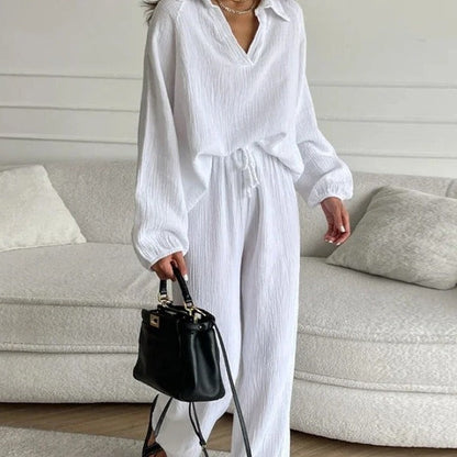 Women’s Lounge Set – Relaxed Fit – Long Sleeve V-Neck Top – Drawstring Pants