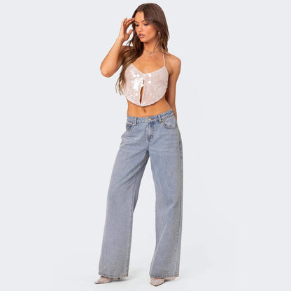 Women’s Crop Top – Sequin Embellished – Fitted Silhouette – Halter Neck Plunge