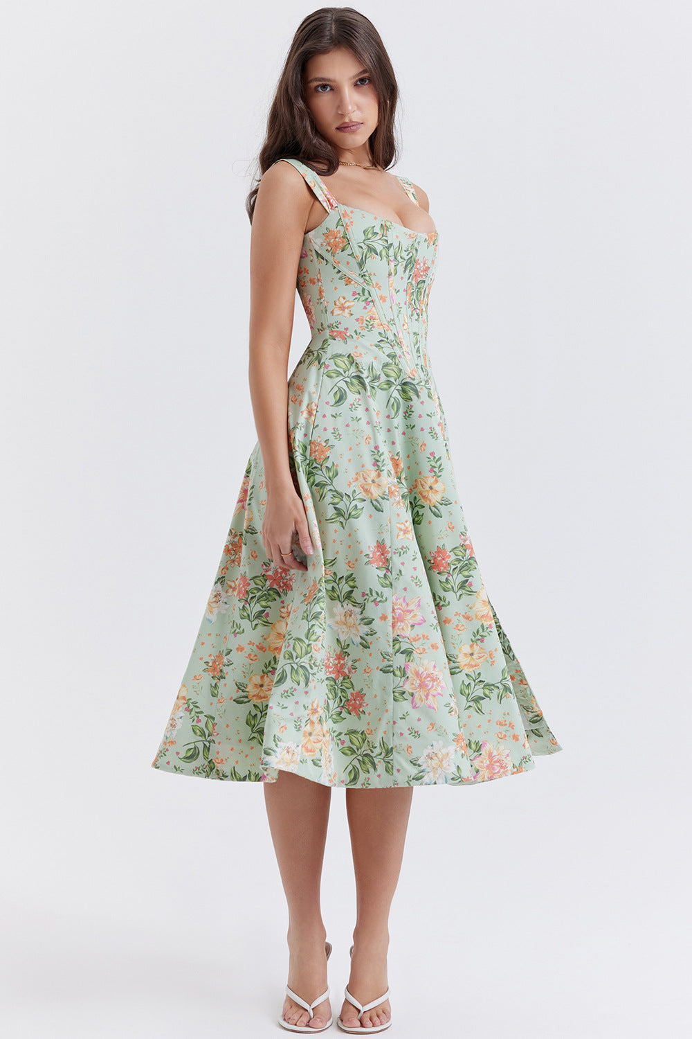 Women's Dress - Floral Print - Corset Bodice - Side Slit - Sleeveless