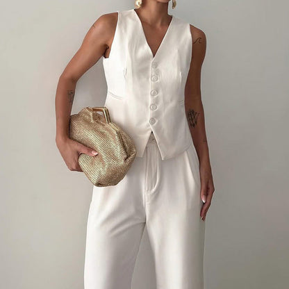 Women’s Two-Piece Set – Tailored V-Neck Cropped Top – High Waist Straight Leg Pants