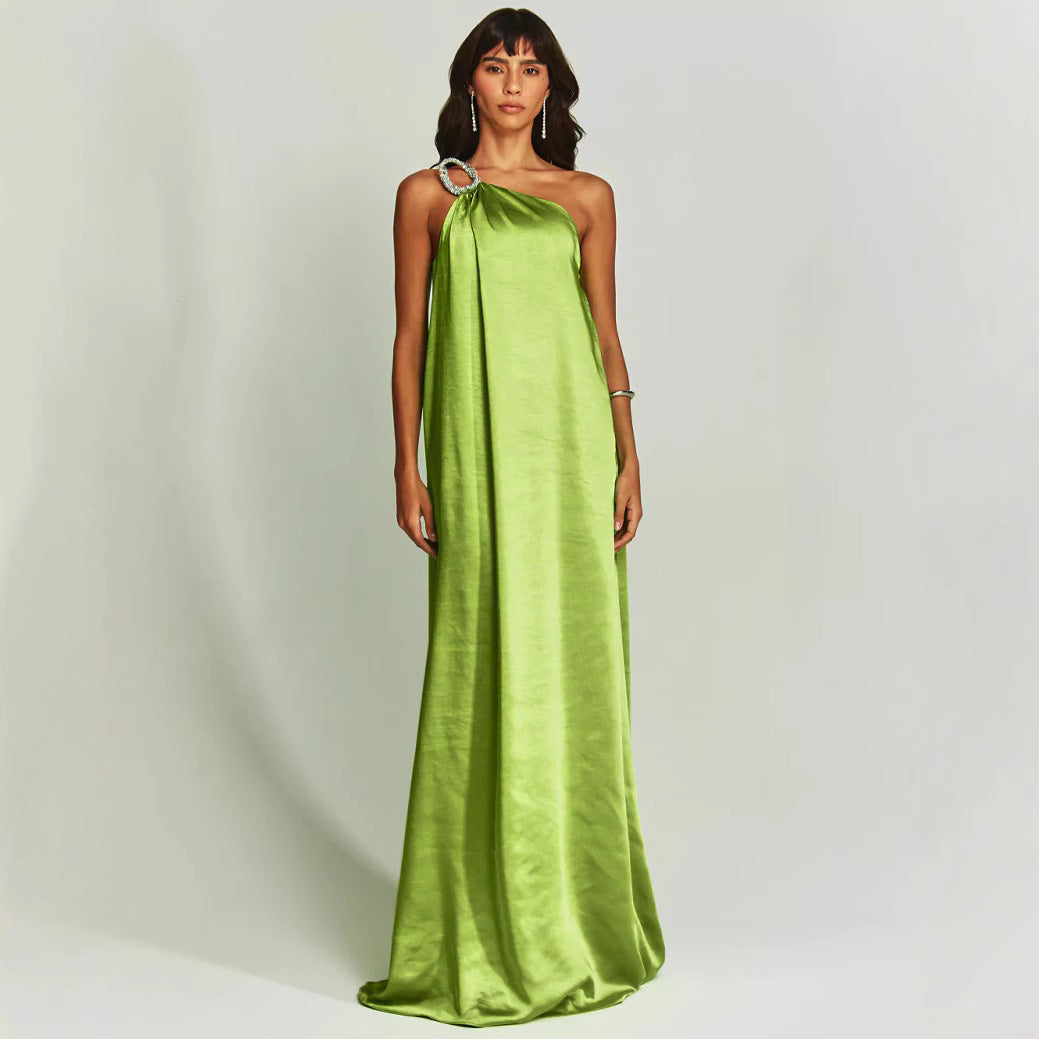 Women’s Evening Dress – Satin One Shoulder – Loose Fit – Embellished Ring Detail