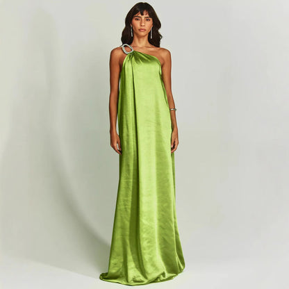 Women’s Evening Dress – Satin One Shoulder – Loose Fit – Embellished Ring Detail