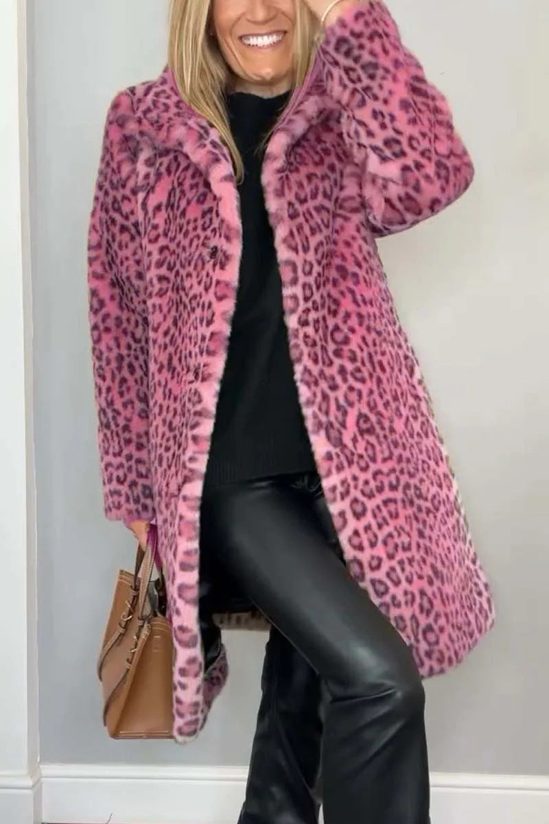 Women’s Coat – Faux Fur – Oversized Fit – Leopard Print – Notched Collar – Casual Style