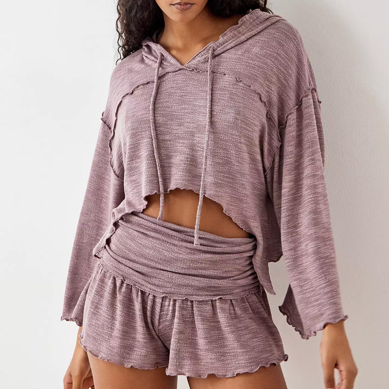 Women’s Two-Piece Set – Cropped Long Sleeve Hooded Top – High Waist Flowy Shorts
